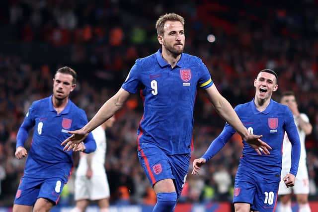 Harry Kane of England celebrates after scoring at Wembley. (Photo by Ryan Pierse/Getty Images)