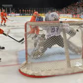 Brandon Whistle (far right) scores the winning goal against Manchester Storm on Sunday night. 
Picture: Dean Woolley/EIHL