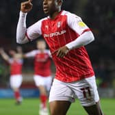 Rotherham United's Chiedozie Ogbene celebrates scoring their side's second goal of the game during the Sky Bet League One match at the AESSEAL New York Stadium, Rotherham. Picture date: Tuesday March 15, 2022. PA Photo. See PA story SOCCER Rotherham. Photo credit should read: Isaac Parkin/PA Wire.RESTRICTIONS: EDITORIAL USE ONLY No use with unauthorised audio, video, data, fixture lists, club/league logos or "live" services. Online in-match use limited to 120 images, no video emulation. No use in betting, games or single club/league/player publications.