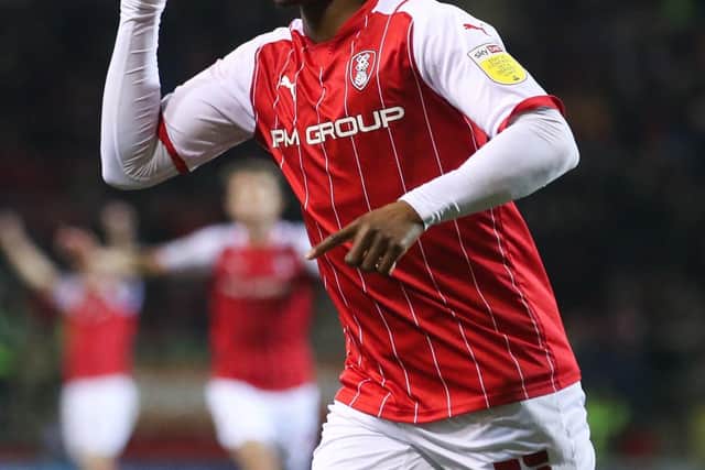 Rotherham United's Chiedozie Ogbene celebrates scoring their side's second goal of the game during the Sky Bet League One match at the AESSEAL New York Stadium, Rotherham. Picture date: Tuesday March 15, 2022. PA Photo. See PA story SOCCER Rotherham. Photo credit should read: Isaac Parkin/PA Wire.

RESTRICTIONS: EDITORIAL USE ONLY No use with unauthorised audio, video, data, fixture lists, club/league logos or "live" services. Online in-match use limited to 120 images, no video emulation. No use in betting, games or single club/league/player publications.