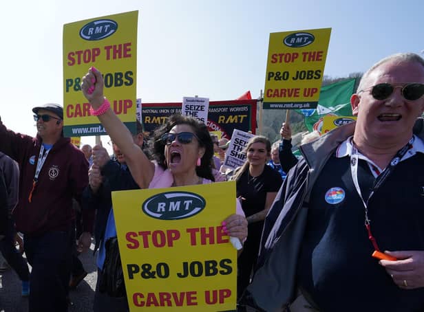 Library image of people taking part in a demonstration against the dismissal of P&O workers organised by the Rail, Maritime and Transport (RMT) union at the Port of Dover, Kent