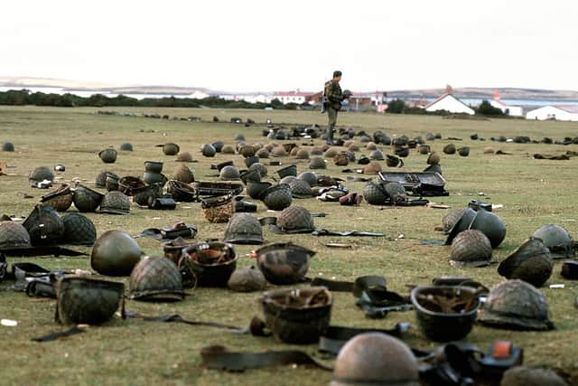 File photo dated 21/05/82 of the steel helmets abandoned by Argentine armed forces who surrendered at Goose Green to British Falklands Task Force troops. A series of lectures, memorials, exhibitions and other events will be launched in the coming days to mark the 40th anniversary of the end of the Falklands War. The aim is to commemorate the sacrifices made in 1982 and to celebrate the progress made in the islands in the South Atlantic over the past 40 years.