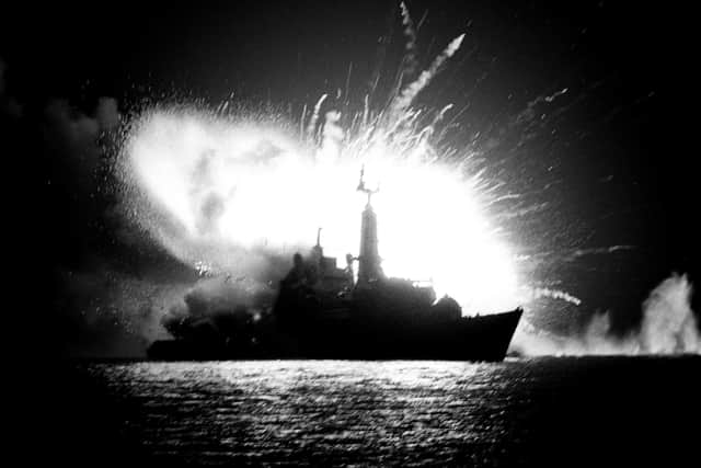 File photo dated 24/05/82 of an Argentinian bomb exploding on board the Royal Navy frigate HMS Antelope killing the bomb disposal engineer who was trying to defuse it.