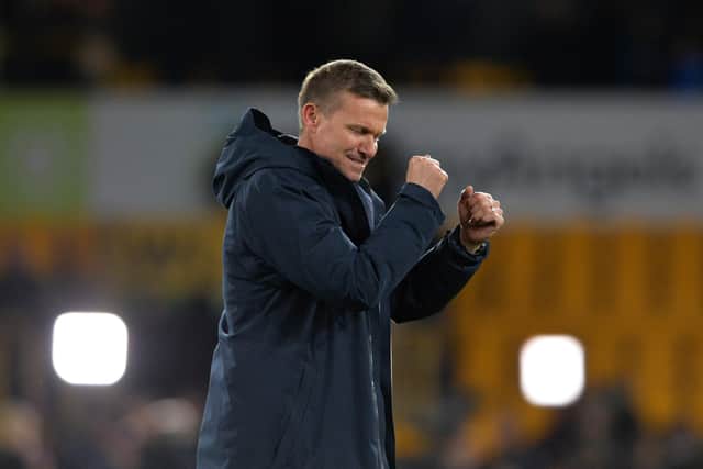 Leeds United head coach Jesse Marsch celebrates at full time after the win against Wolverhampton Wanderers at Molineux  Picture: Bruce Rollinson