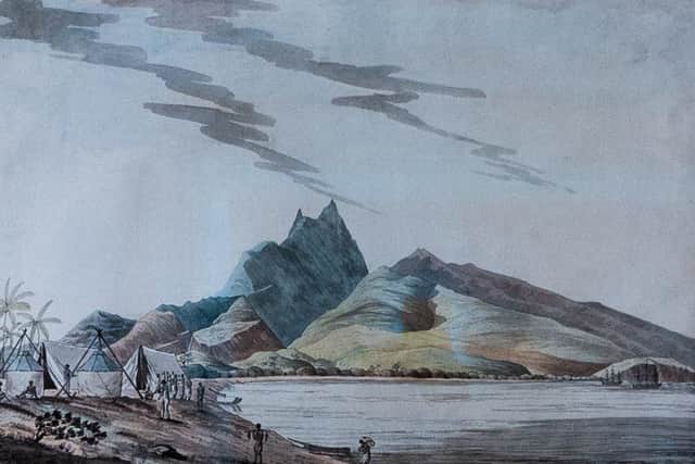 “View of Matavai Bay”, which is in the Island of Otaheite, now known as Tahiti in French Polynesia was painted by William Ellis during Captain Cook's third voyage.