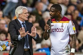 Bantams manager Mark Hughes speaks with Yann Songo'o. (Picture: Tony Johnson)