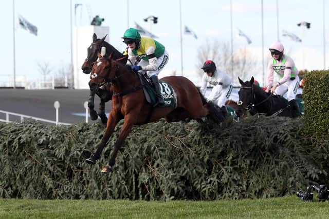 This was the Tom Scudamore-ridden Cloth Cap (green cap) in last year's Randox Grand National at Aintree.