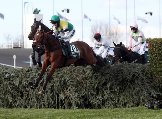 This was the Tom Scudamore-ridden Cloth Cap (green cap) in last year's Randox Grand National at Aintree.