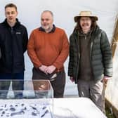 Detectorists Simon Richardson and John Benfield are pictured with Stamford Bridge Heritage Society’s archaeologist Peter Makey and chaiman Brian Birkett. Photo Liam Norman
