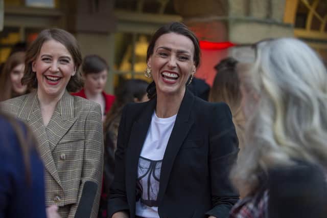 Gemma Whelan, Suranne Jones and Sally Wainwright on the Red Carpet in the Piece Hall, Halifax, for the Premier Screening of the next series of Gentleman Jack.