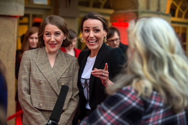 Suranne Jones laughs with co-star Gemma Whelan and writer and executive producer Sally Wainwright on the red carpet
