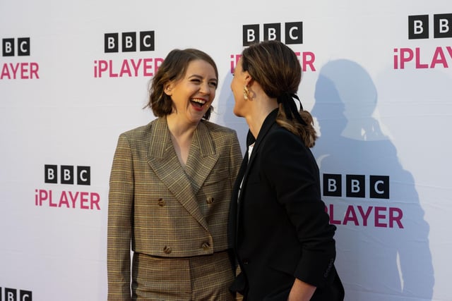 Suranne Jones and Gemma Whelan laugh together at the premiere
