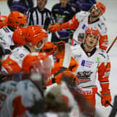 Tanner Eberle celebrates his first-period opener for Sheffield Steelers in the 3-0 win at Manchester Storm on Wednesday night. Picture: Mark Ferriss.