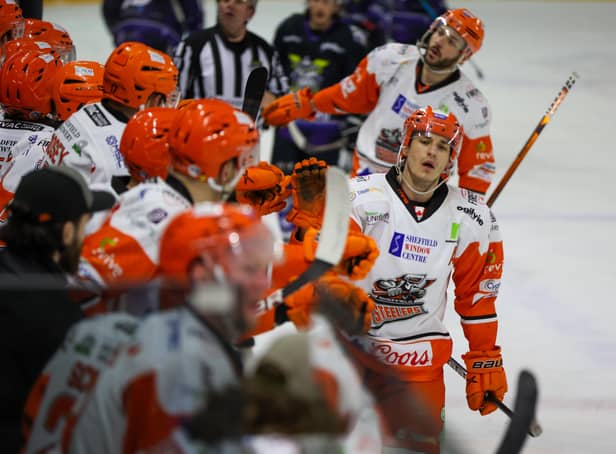 Tanner Eberle celebrates his first-period opener for Sheffield Steelers in the 3-0 win at Manchester Storm on Wednesday night. Picture: Mark Ferriss.