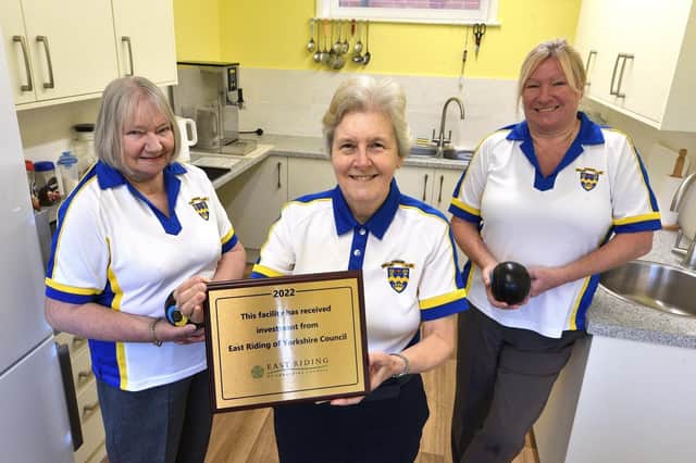 Stewart Bowling Club members Jean Allott, June Hatton and Nikki Meadows show their delight over the award.
