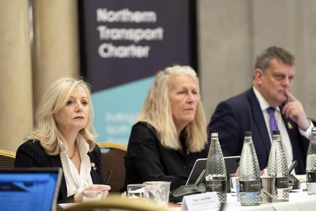 Mayor of West Yorkshire Tracy Brabin, Acting Chair Councillor Louise Gittins Cheshire West and Chester and Martin Tugwell Chief Executive Transport for the North attend a meeting of the Transport for the North Board at the Queens Hotel in Leeds