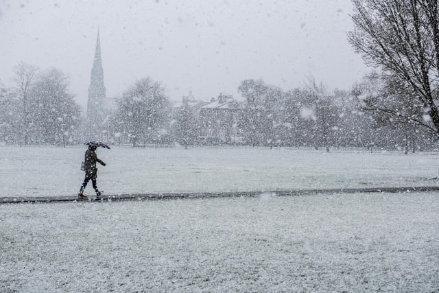 A person making their way across the Stray in Harrogate in thick snow.
