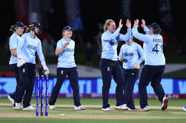 Sophie Ecclestone, third right, celebrates with team-mates after bowling South Africa's Marizanne Kapp in Christchurch Picture: Martin Hunter/Photosport/AP