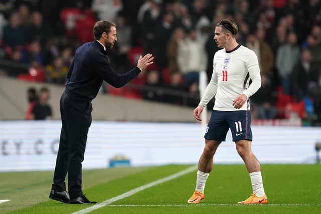 England manager Gareth Southgate speaks to Jack Grealish from the touchline during the international friendly against Ivory Coast at Wembley Picture: Nick Potts/PA