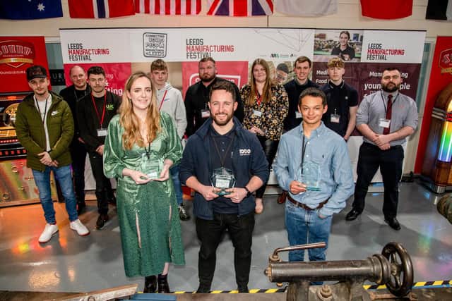 The Leeds Manufacturing Festival Next Gen Awards 2022 held at Sound Leisure in Leeds. The award winners, front row from the left, Eleanor McGuire, Adam Benn and Louis Audain, with the other nominees.