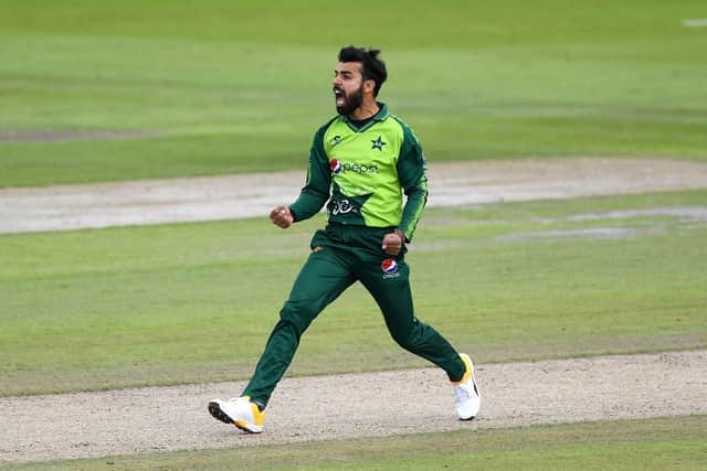 Pakistan's Shadab Khan celebrates the wicket of England's Tom Banton (not pictured) during the Vitality IT20 match at Old Trafford, Manchester. PA Photo. Picture date: Sunday August 30, 2020. (Picture: PA)