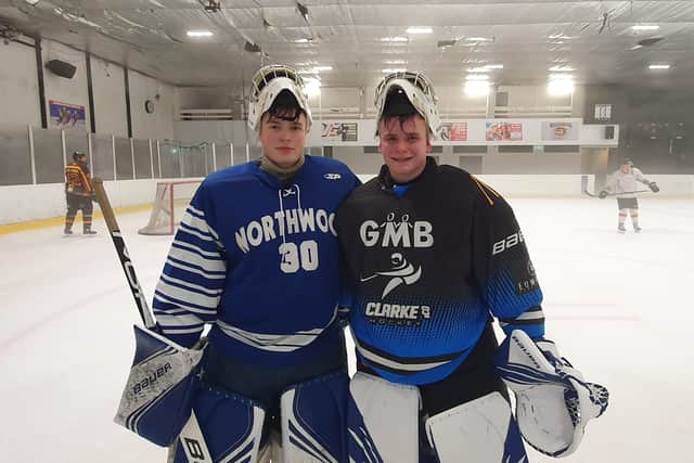 Ben Norton, left, with younger brother Dan, at a Bradfod Bulldogs practice session last year. Both are now studying and playing hockey at Northwood School in Lake Placid.