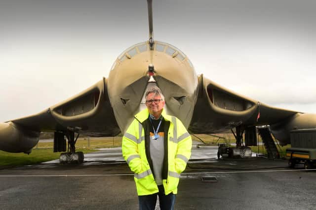 Jerry Ibbotson, in front of the Handley-Page Victor K2 airborne tanker ex-V-bomber preserved at the Yorkshire Air Museum, Elvington, near York  Credit: Simon Hulme