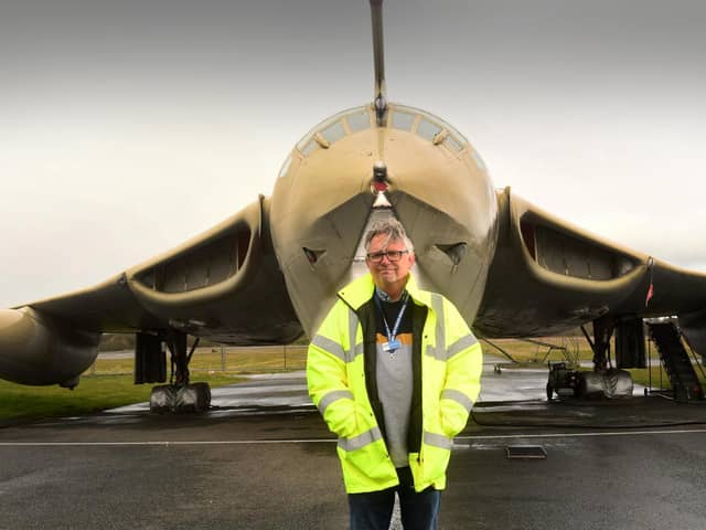Jerry Ibbotson, in front of the Handley-Page Victor K2 airborne tanker ex-V-bomber preserved at the Yorkshire Air Museum, Elvington, near York  Credit: Simon Hulme