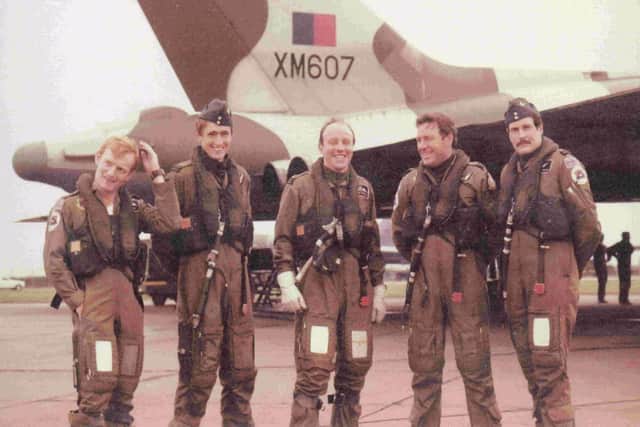 Flight Lieutenant Martin Withers (centre) and the crew of the Vulcan XZM607  Credit: Yorkshire Air Museum