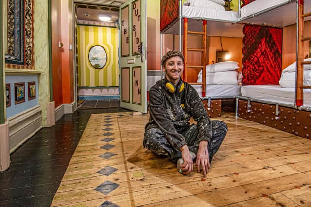 Artist Rufus Newell in the room The Outside Inn he created at the new Art Hostel open in Mabgate, Leeds. Picture: Tony Johnson.