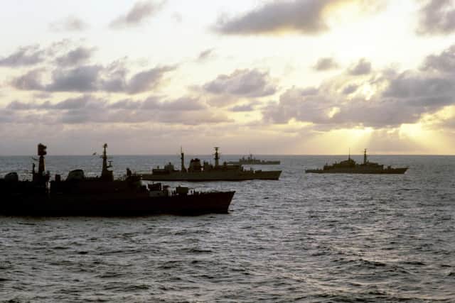 Library image of vessels from the Falklands task force.