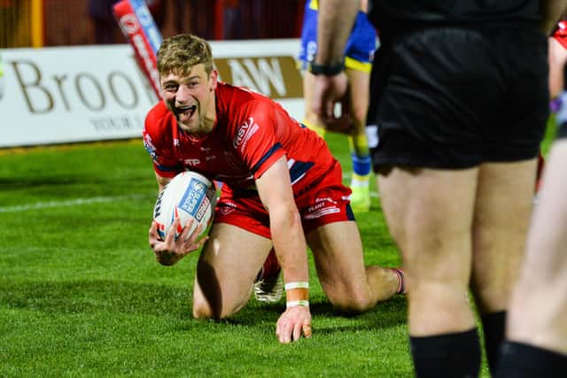 Jimmy Keinhorst of Hull KR celebrates scoring his side's fourth try against Warrington Wolves. Picture: Will Palmer/SWpix.com