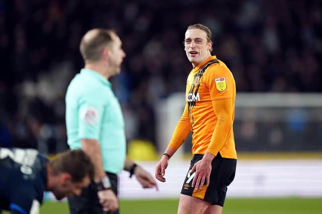 RED CARD: Hull City's Tom Eaves reacts after being sent off. Picture: Tim Goode/PA Wire.