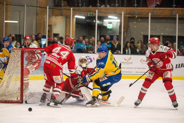 Kieran Brown, in action for Leeds Knights against Swindon Wildcats, was part of the GB 18s team that got relegated on the final day of the Division 1B tournament in Hungary back in 2019. Picture: Bruce Rollinson