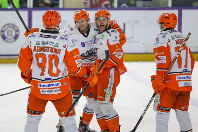 Robert Dowd celebrates his third period strike to give Sheffield Steelers a 3-2 lead at Manchester Storm. Picture: Mark Ferriss/EIHL.
