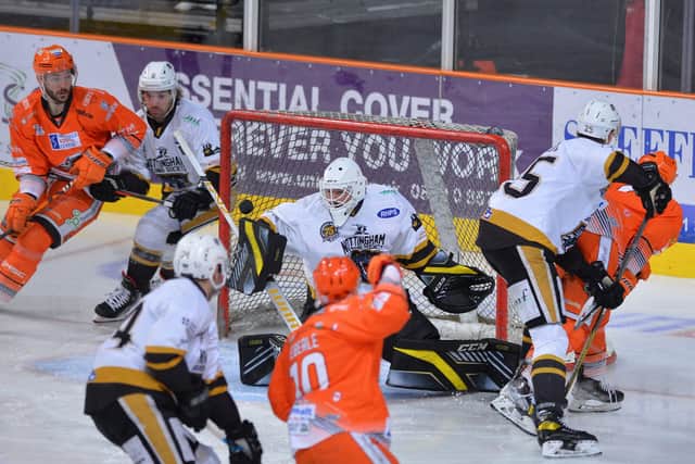 BUSY NIGHT: Former Sheffield Steelers back-up Will Kerlin got his first start of the season for Nottingham Panthers, conceding six goals as the hosts won 6-2. Picture: Dean Woolley/EIHL.