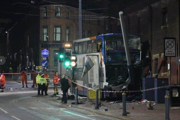 A double decker bus and a car were involved in a collision at the junction of West Street and Upper Hanover Street in Sheffield city centre last night (Photo: Gina Kalsi)