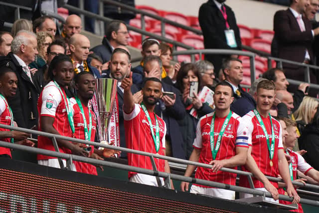 Rotherham United's Michael Ihiekwe (centre) gives a thumb-up after winning the the Papa John's Trophy final at Wembley (Picture: PA)