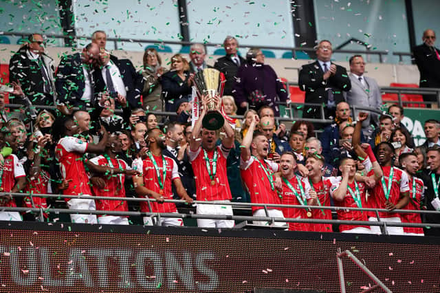 WEMBLEY WINNERS: Rotherham United lift the Papa John's Trophy at Wembley. Picture: Zac Goodwin/PA Wire.