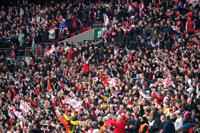 Rotherham supporters celebrate in the stands at Wembley.