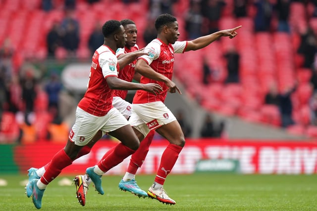 Chiedozie Ogbene, centre, celebrates his goal which put Rotherham 3-2 up at Wembley.