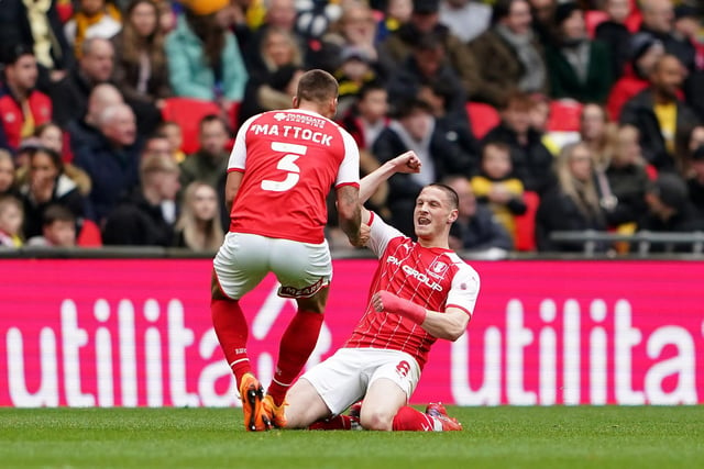 Ben Wiles celebrates after scoring Rotherham's first goal at Wembley.
