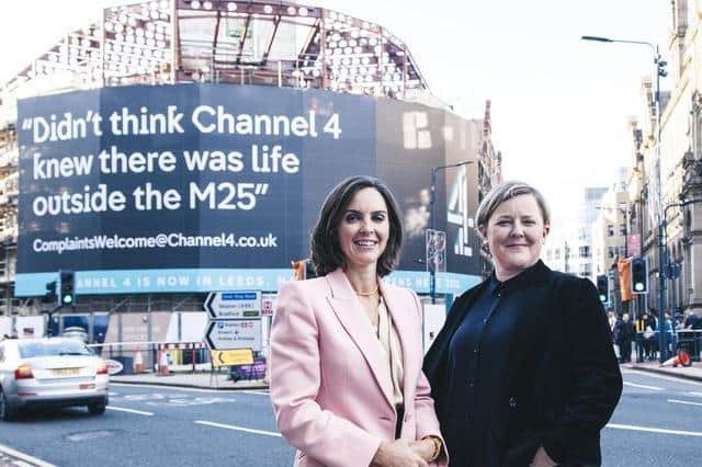 Channel 4 chief executive Alex Mahon and Sinead Rocks, Channel 4’s Managing Director, Nations & Regions, outside the company's headquarters in 2019