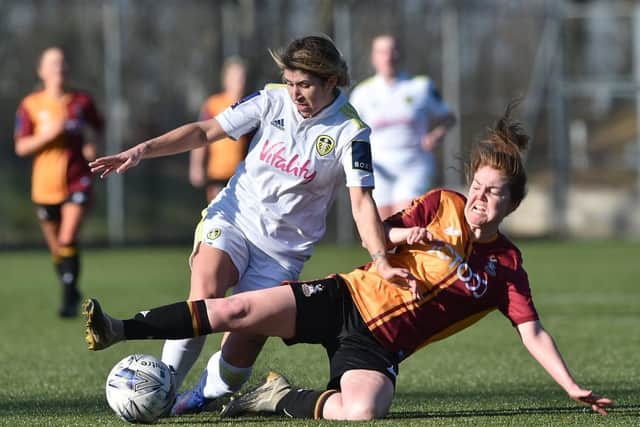 Kathryn Smith holds off a challenge during Leeds United's County Cup semi-final victory over Bradford City. Pic: LUFC.