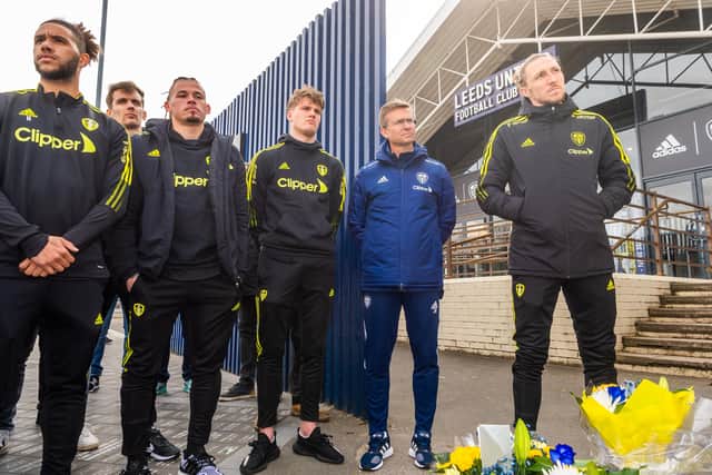 Solidarity: United players including Luke Ayling, right, Kalvin Phillips and Tyler Roberts, left and Leeds head coach Jesse Marsch, second right, were at the gathering. Picture: James Hardisty
