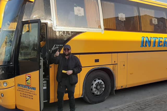 Niall Gordon with the bus he drove to help people evacuate Ukraine.