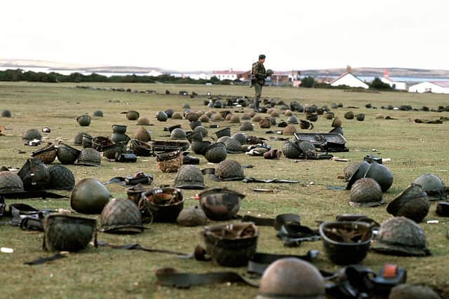 The steel helmets abandoned by Argentine armed forces who surrendered at Goose Green to British Falklands Task Force troops in June 1982. Picture: PA/PA Wire.