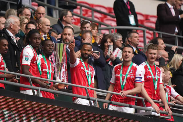 FINAL GLORY: Rotherham United's players with the Papa John's Trophy at Wembley on Sunday. Picture: Tim Goode/PA Wire.