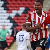 Sheffield United striker Rhian Brewster, pictured scoring for the Blades against Carlisle in August. Picture: PA.