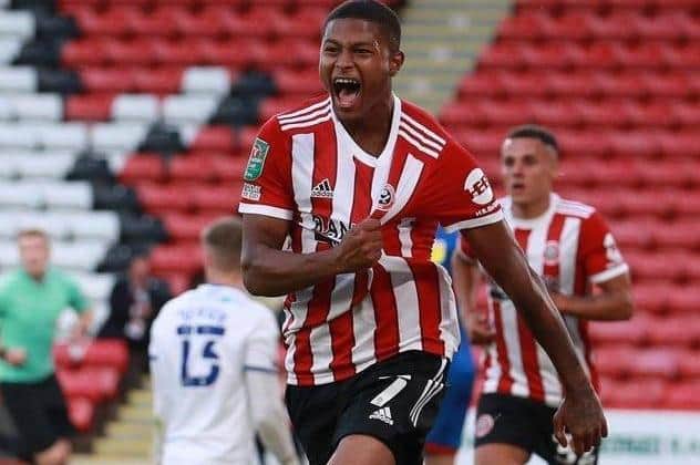 Sheffield United striker Rhian Brewster, pictured scoring for the Blades against Carlisle in August. Picture: PA.
